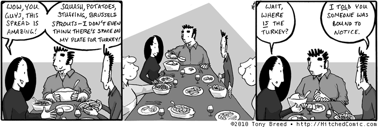 It's a totally vegetarian Thanksgiving dinner, except for all the bacon and pork sausage. It's a totally vegetarian Thanksgiving dinner, except for all the bacon and pork sausage.